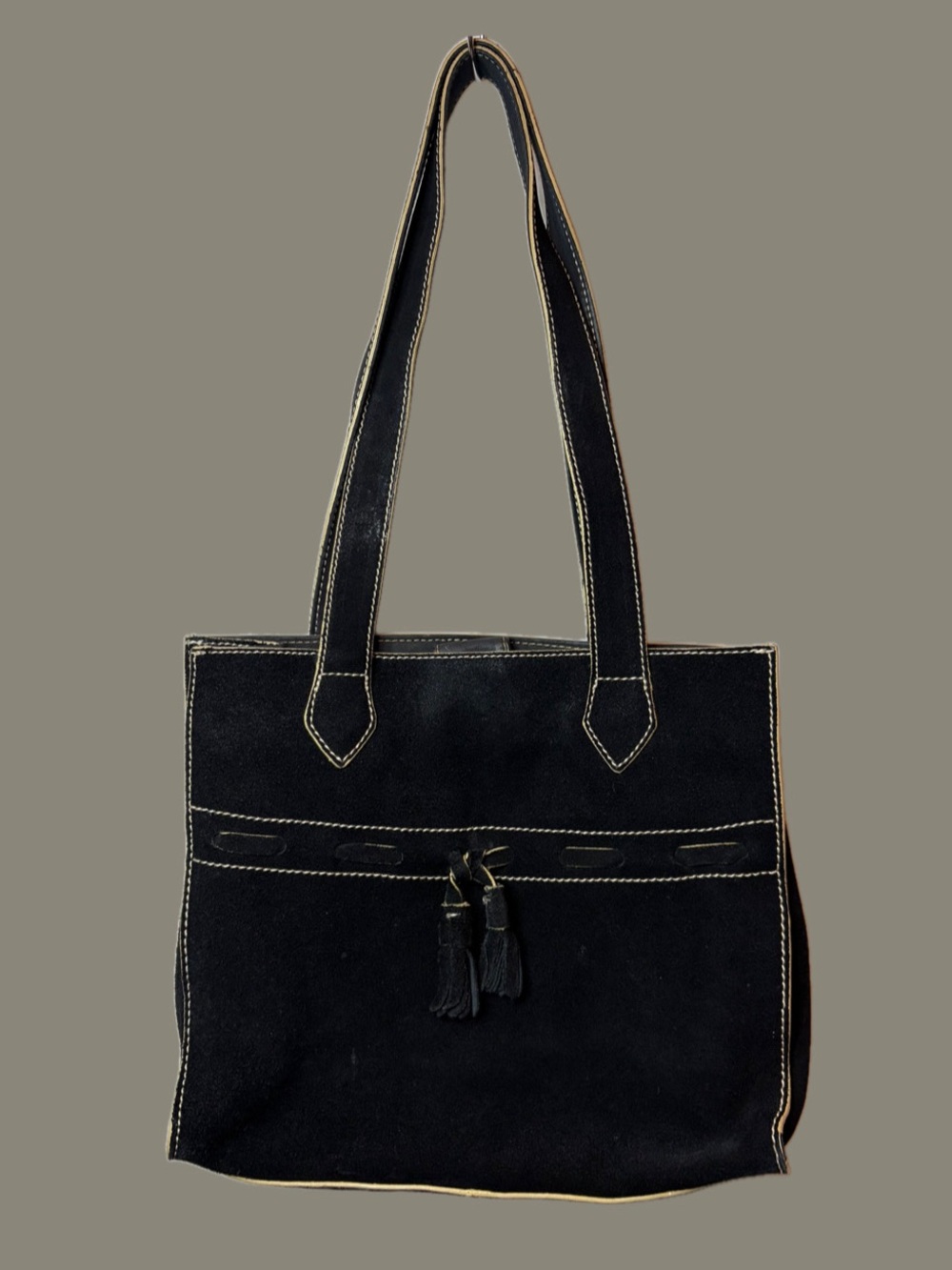 🔳Y2K Contrast Stitch Black Suede Tote Shoulder Bag🔳